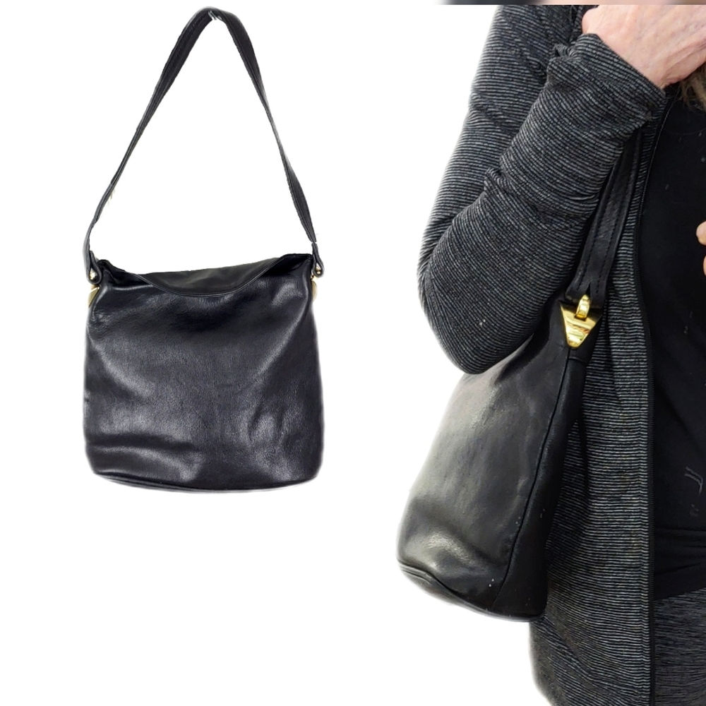 Tignanello Soft Black Leather Fold Over Shldr Bag - Picture 1 of 7